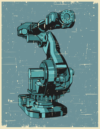 Stylized vector illustration of industrial robotic arm for automated production lines in retro poster styleのイラスト素材