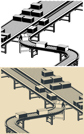 Stylized vector illustrations of automated conveyors for warehouses and productionのイラスト素材
