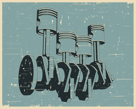 Stylized vector illustration of a crankshaft and pistons retro posterのイラスト素材