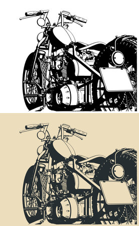 Stylized vector illustration of a classic vintage motorcycle close-upのイラスト素材