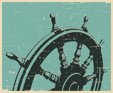 Stylized vector illustration of a ship steering wheel retro posterのイラスト素材