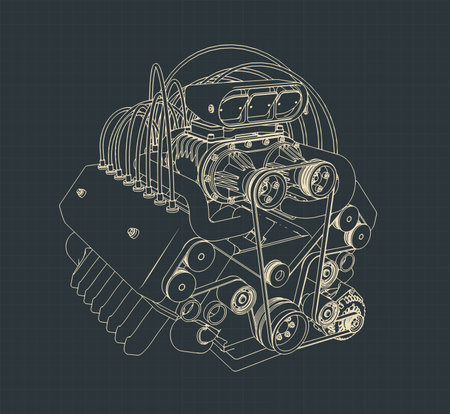 Stylized vector illustration of blueprint of powerful turbocharged V-engineのイラスト素材
