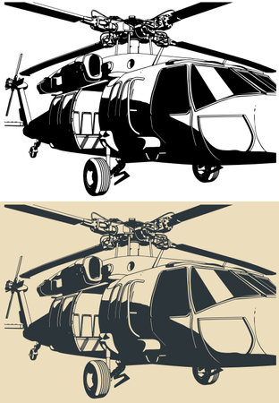 Stylized vector illustration of a four-bladed, twin-engine, medium-lift utility helicopter close upのイラスト素材