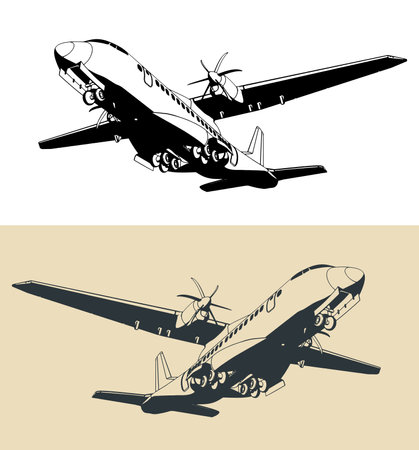 Stylized vector illustrations of turboprop transport aircraftのイラスト素材