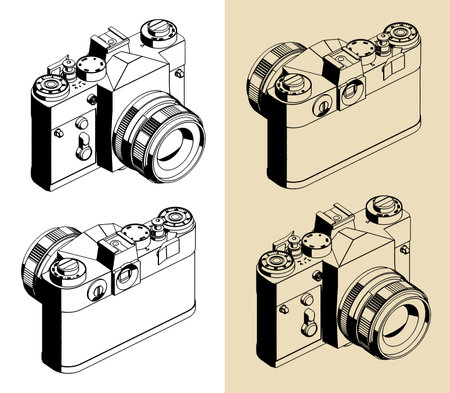Stylized vector isometric illustrations of retro SLR film cameraのイラスト素材