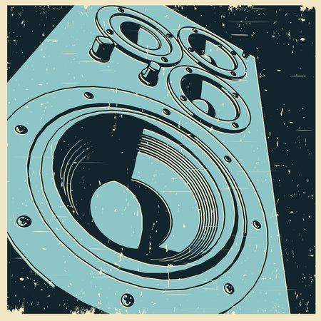 Stylized vector illustration of powerful floor-standing speaker close up retro poster styleのイラスト素材