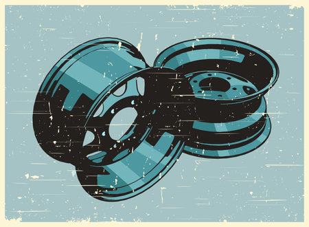 Stylized vector illustrations of steel wheels for a car in retro poster styleのイラスト素材