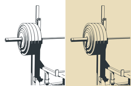 Stylized vector illustrations of barbell on a bench press rack close-upのイラスト素材