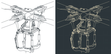 Stylized vector illustration of blueprints of mechanism of helicopter main rotorのイラスト素材