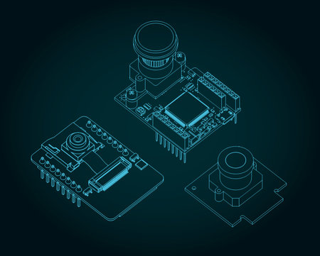 Stylized vector illustrations of drawings of different camera modules on circuit boardsのイラスト素材