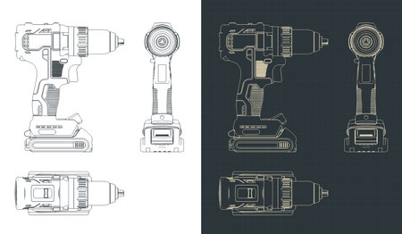 Stylized vector illustrations of blueprints of professional cordless drillのイラスト素材