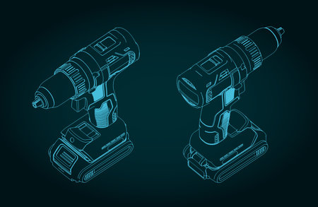 Stylized vector illustration of isometric blueprint of professional cordless drillのイラスト素材