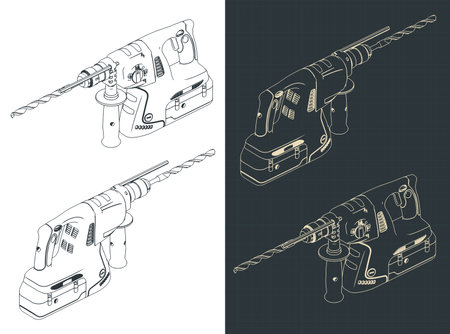 Stylized vector illustrations of isometric blueprints of professional cordless SDS Drillのイラスト素材