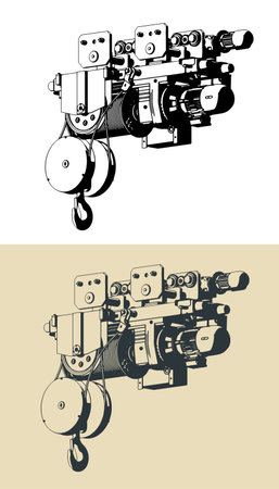 Stylized vector illustrations of electric hoist with steel rope for lifting cargoのイラスト素材