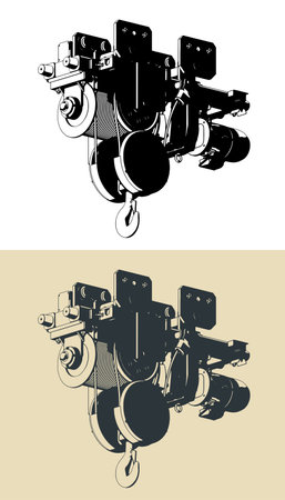 Stylized vector illustrations of electric hoist with steel rope for lifting cargoのイラスト素材