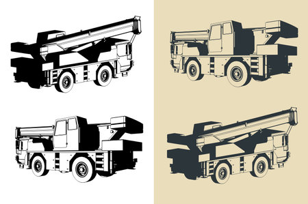 Stylized vector illustrations of mobile crane with powerful long telescopic boomのイラスト素材
