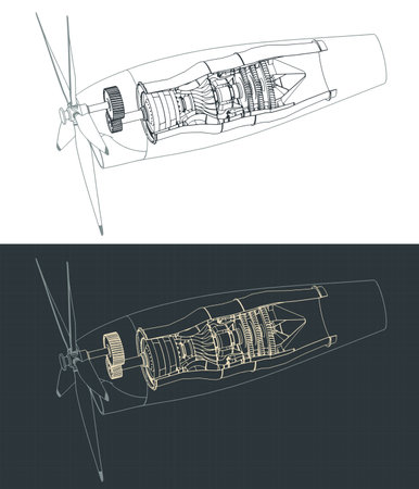 Stylized vector illustration of blueprints of turboprop engineのイラスト素材
