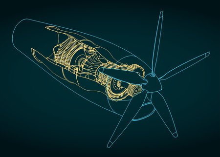 Stylized vector illustration of blueprint of turboprop engineのイラスト素材