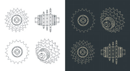 Stylized vector illustrations of blueprints of chain sprocket transmissionのイラスト素材