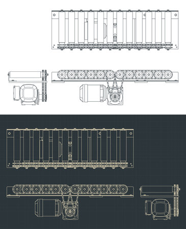 Stylized vector illustrations of blueprints of roller conveyor with chain driveのイラスト素材