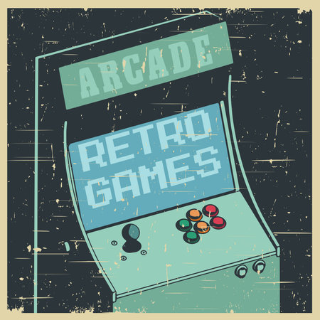 Stylized vector illustration of a retro arcade games cabinet in old poster styleのイラスト素材