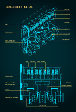 Vector drawings and basic structure of a diesel four-cylinder engineのイラスト素材