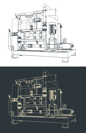 Stylized vector illustrations of blueprints of chemical treatment stationのイラスト素材