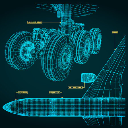 Vector illustration of a fragment of blueprints of a civilian jet in the retro styleのイラスト素材