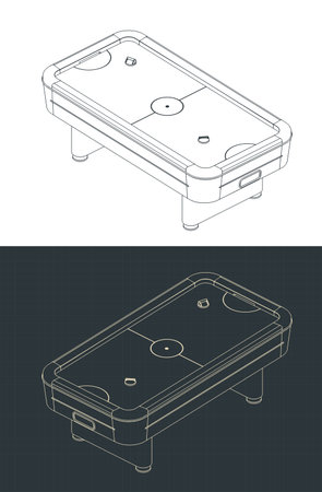 Stylized vector illustrations of isometric blueprints of a tabletop air hockey gameのイラスト素材