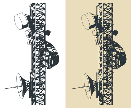 Telecommunications tower with repeaters and antennas close-upのイラスト素材