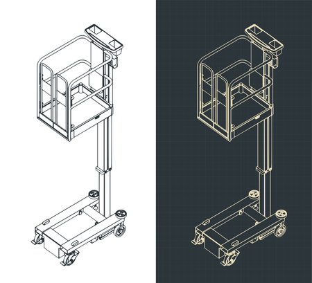 Isometric technical drawings of a push around mast liftのイラスト素材