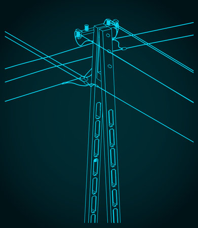 Stylized vector illustration of technical drawing  of utility pole power lines with wiresのイラスト素材