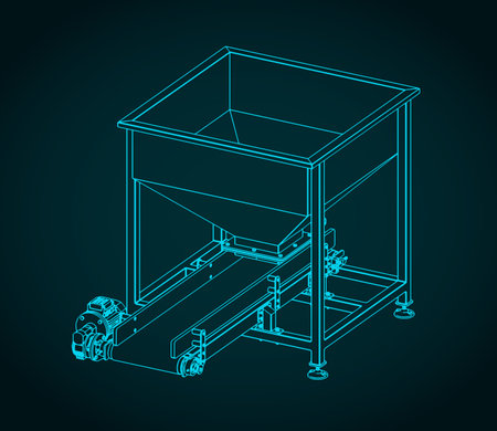 Stylized vector illustrations of technical drawings of feeding hopper with belt conveyorのイラスト素材