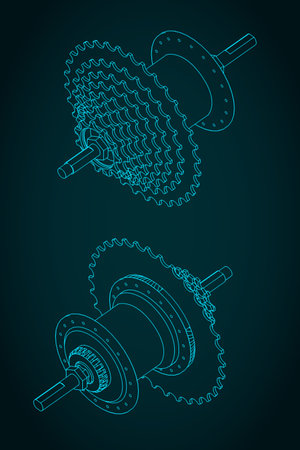 Stylized vector illustrations of isometric technical drawings of a Bicycle Hub with cassetteのイラスト素材