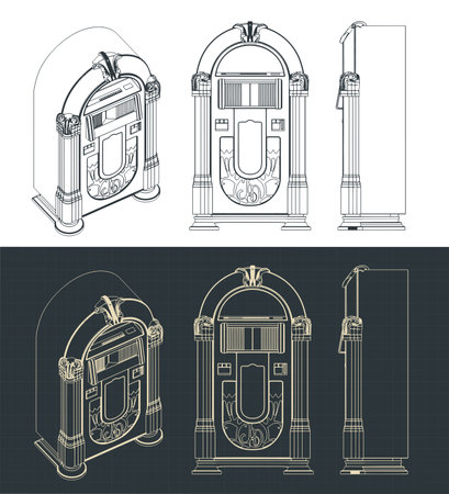Stylized vector illustrations of a technical drawings of retro jukeboxのイラスト素材