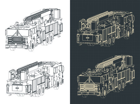 Stylized vector illustrations of isometric technical drawings of a big fire truck