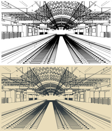 Stylized vector illustrations of a railway stationのイラスト素材