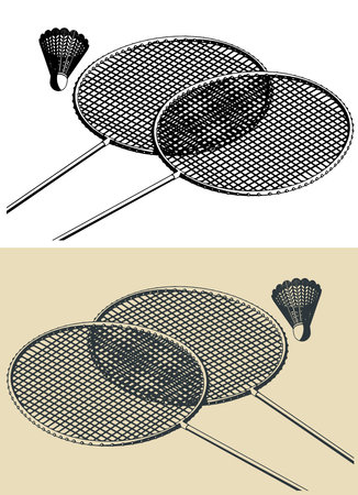 Stylized vector illustrations of rackets and shuttlecocks for badminton playing close upのイラスト素材