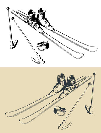 Skiing equipment set. Skis, ski boots, poles, ski gogglesのイラスト素材
