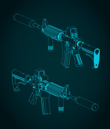 Stylized vector illustrations of the blueprints of the M4A1 automatic carbineのイラスト素材