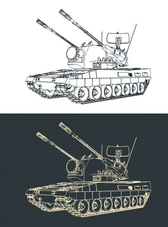 Stylized vector illustrations of anti-aircraft self-propelled gun Gepard blueprintsのイラスト素材