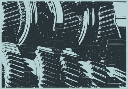 Stylized vector illustration of transmission mechanisms close up retro posterのイラスト素材