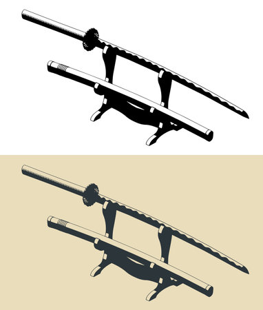 Stylized vector illustrations of a Japanese katana swordのイラスト素材