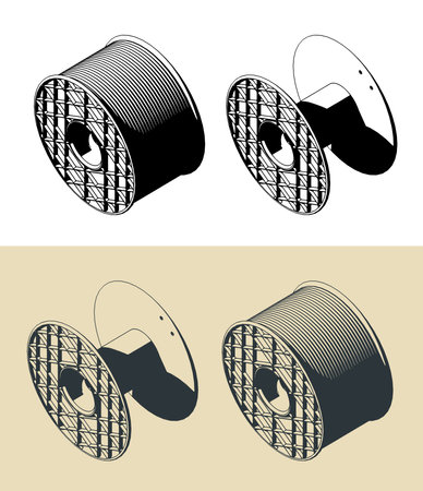 Isometric vector illustrations of cable reel with and without cableのイラスト素材