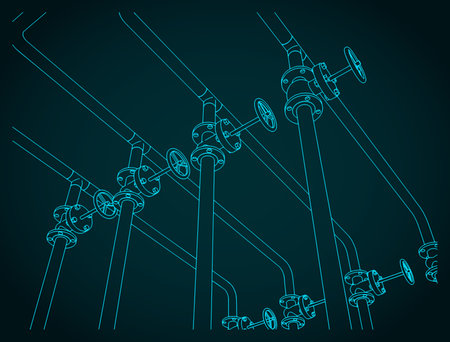Stylized vector illustration of industrial pipes and valves blueprintのイラスト素材