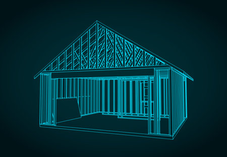 Timber frame house under construction blueprint stylized vector illustrationのイラスト素材