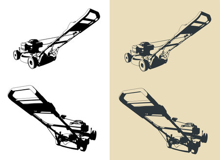 Hand push self-propelled lawn mower with gasoline engine stylized vector illustrationsのイラスト素材