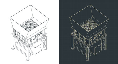 Industrial plastic shredder isometric blueprints stylized vector illustrationsのイラスト素材