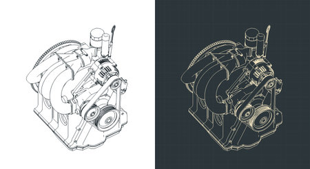 Isometric blueprints of a wankel rotary engine stylized vector illustrationsのイラスト素材
