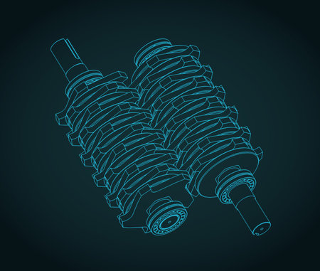 Two shaft shredder blades  isometric blueprint stylized vector illustrationのイラスト素材